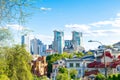 Roofs of high modern tower glass buildings skyscrapers construction, Bright multicolored facades. Beautiful downtown Royalty Free Stock Photo