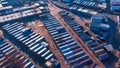 Roofs of old garages drone view. Rusty metal roof.