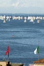 Roofs of Trieste city with the Barcolana regatta Royalty Free Stock Photo