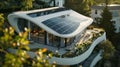A rooftop covered with solar panels seamlessly integrated into the architecture of a stylish futuristic home. . AI