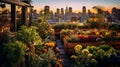 Rooftop garden in a modern city, natural fruits and vegetables