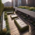 A rooftop garden with a panoramic view of a sustainable city3