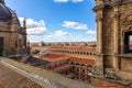 Rooftop of La Clerecia building in Salamanca, Spain with decorative baroque bell towers.