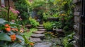 A rooftop oasis with a winding path of stepping stones through a variety of flowering plants and a cascading water Royalty Free Stock Photo