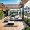 A rooftop patio and an open kitchen with sliding glass