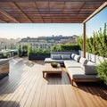 A rooftop patio and an open kitchen with sliding glass