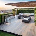 A rooftop patio and an open kitchen with sliding glass