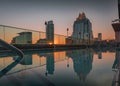Rooftop pool and downtown skyline with the landmark Frost Bank Tower from The Westin hotel at sunset Austin, Texas USA Royalty Free Stock Photo