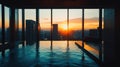 Luxury Infinity Pool at Sunset Over City Skyline, Modern Penthouse Views Royalty Free Stock Photo