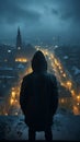 Rooftop scene man in hood, face obscured, copy space enhancing mysterious ambiance