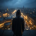 Rooftop scene man in hood, face obscured, copy space enhancing mysterious ambiance