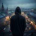 Rooftop scene man in hood, face obscured, copy space enhancing mysterious ambiance