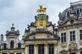 Rooftop sculptures of opulent buildings at Grand Place, Brussels City, Belgium. Brussels, Belgium