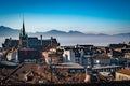 Rooftop skyline view of the old city of Lausanne Switzerland with Lake Geneva Royalty Free Stock Photo