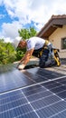 Rooftop solar panel installation worker wearing harness and hard hat on sunny day Royalty Free Stock Photo