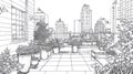 Rooftop Terrace Garden with Cityscape Skyline in Pen and Ink Drawing Style Royalty Free Stock Photo