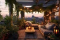 rooftop terrace with cozy lighting and plants