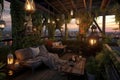 rooftop terrace with cozy lighting and plants