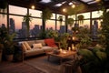 rooftop terrace with cozy lighting and plants