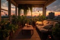 rooftop terrace with cozy lighting and plants