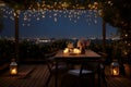 Rooftop terrace with strings of fairy lights sets the stage for a magical evening. AI Generated