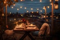 Rooftop terrace with strings of fairy lights sets the stage for a magical evening. AI Generated