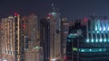 Rooftop view on amazing Dubai marina and JLT skyscrapers aerial timelapse, Dubai, United Arab Emirates Royalty Free Stock Photo