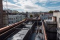 rooftop view of city, with downpipe being replaced and new pipe being installed