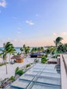 Rooftop view of the resort beach featuring palm trees, cabanas and the Gulf of Mexico