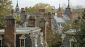 The rooftops of historic townhouses dotted with chimneys and adorned with decorative weathervanes offering a glimpse