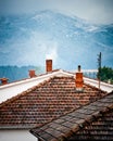 Rooftops with smoking chimneys in winter