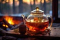 rooibos tea steeping in a glass teapot by the warm campfire glow