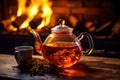 rooibos tea steeping in a glass teapot by the warm campfire glow