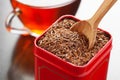 Rooibos in tea tin box closeup Royalty Free Stock Photo