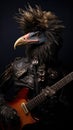 Rook bird head heavy metal guitarist with guitar, photo portrait on a dark background