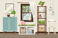 Cozy room interior with a cabinet, a shelving, and a window seat. Cartoon vector illustration