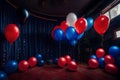 room decorated with red black white blue ballons