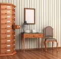 Room for archives. Vintage wooden wardrobe and oak table in the room.