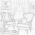 A room with armchairs and a lamp. Interior.Coloring book antistress for children and adults. Illustration isolated on