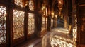 The room is bathed in warm golden light streaming in from the intricately carved windows. The sun catches on the brass