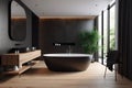 furniture light home luxury wood interior modern bathtub bathroom design black. Generative AI. Royalty Free Stock Photo