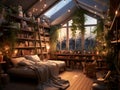 A room with a bed and bookshelves