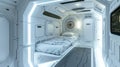 Room with bed and white walls in spaceship, interior design of starship or home in colony. Living compartment in futuristic Royalty Free Stock Photo