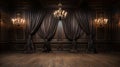 A room with black curtains and a chandelier