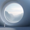 room with blue cloudy sky behind a large round window. man in a surreal world