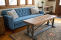Room with blue sofa, bench, metal and wood table Royalty Free Stock Photo
