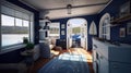 A room with a blue wall and a blue rug. AI generative image. Tiny house illustration.