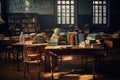 A room with a bookcase and a table in the middle, books stacked on the table. Generative ai Royalty Free Stock Photo