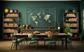 Room with bookshelf and green chairs and table with globes draw on board