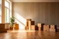 Room with boxes and potted plant on the floor. Generative AI Royalty Free Stock Photo